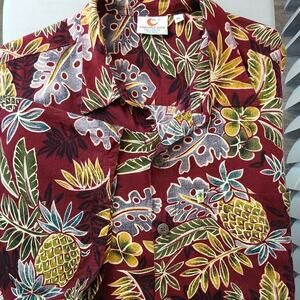Vintage Pineapple Moon Hawaiian Shirt Mens XL burgundy red coconut button floral
